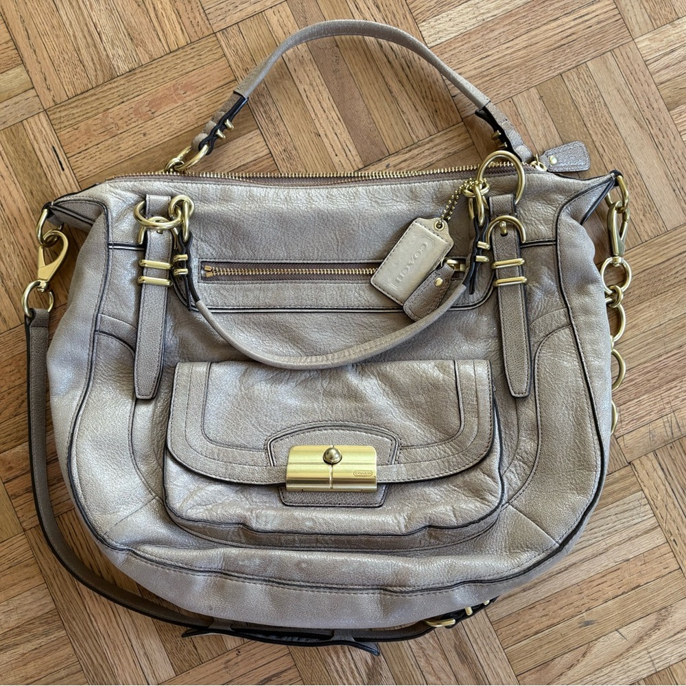 Coach Metallic Taupe Leather Shoulder Bag with Gold Hardware